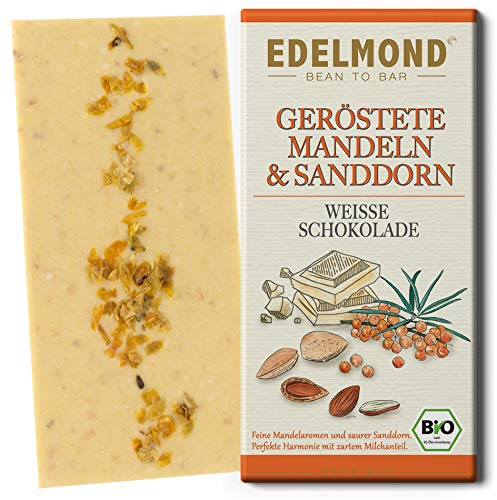 Edelmond Bio weiße Schokolade mit Sanddorn und frisch gerösteten Mandeln. Fruchtig und glutenfrei. (1 Tafel) von Edelmond