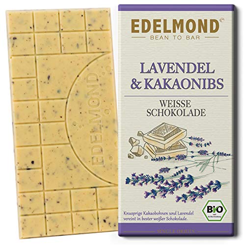 Weiße Lavendel Schokolade dazu knusprige Kakaobohnen-Stücke. Bio von Edelmond. Harmoniert zu Weißwein oder Rosé - Manufaktur Süß. (1 Tafel) von Edelmond