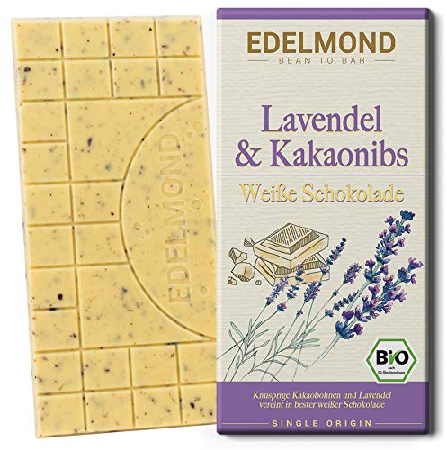 Edelmond Bio Weiße Schokolade mit Lavendel & Kakaobohnensplittern – Handgemachte Köstlichkeit aus der Manufaktur (1 Tafel, 75g) von Edelmond