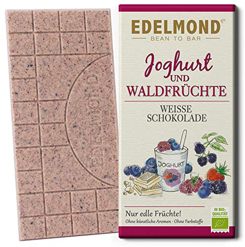 Weiße Schokolade Joghurt Waldfrucht Edelmond Bio. Ohne künstliche Aromen nur Rohkost Früchte. Ohne Farbstoffe, ohne Soja Emulgatoren. (1 Tafel, 75g) von Edelmond