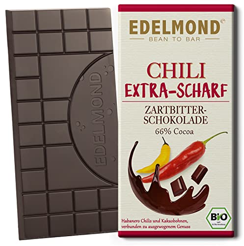 Edelmond Chili Schokolade scharf Bio / Habanero Schoten & Langzeit geführter Kakao / Vegan und Fair-Trade. Cilli + Cacao Top Wirkung von Edelmond