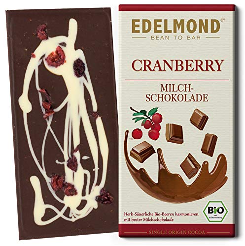 Edelmond Cranberry Milchschokolade Bio Cranberrys darin und darauf. Dekoriert mit weißer Schokolade. Die Geschenk-Idee aus Fair-Trade Kakao. (1 Tafel) von Edelmond