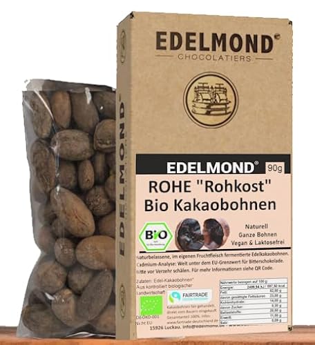 Edelmond Rohkost Bio-Kakaobohnen. Ohne Nuss-Allergene. Mit Cadmium-Analyse. Vegan zum Knabbern, für Müsli und natürlichen Fruchtgenuss (90g) von Edelmond