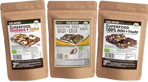 Edelmond Vegan Superfood 3er Set. Walnuss, Himbeere, Popp-Reis Bruch Schokolade. Trockenfrüchte im Riegel. 450 g von Edelmond