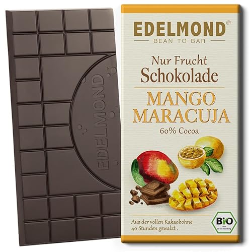 Edelmond Vegane Zartbitter Schokolade Mango Maracuja. Ohne Zusatz von Kristallzucker, Laktosefrei, Bio. Langzeit geführter Fair Trade Kakao (1 Tafel) von Edelmond