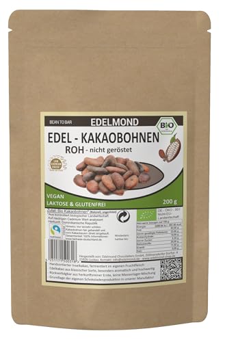 Edelmond Rohkost Kakaobohnen Bio / 200 g Fairtrade-Zertifiziert / Ohne Insektizide, mit Cadmium Analyse / Edel-Schokolade Cocoa von Edelmond