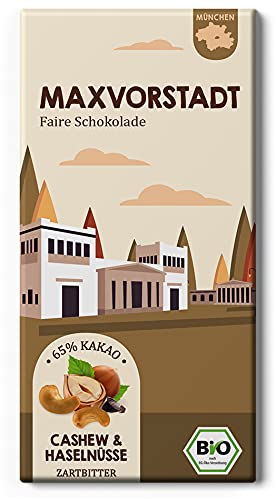 MAXVORSTADT Cashew, Haselnuss und gebrannte Nibs / Fair-Trade Kakao Stadtteil München / Edelschokolade Vegan (1 Tafel - 80g) von Edelmond
