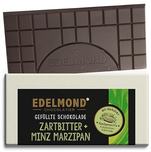 Gefüllte Zartbitter Bio Schokolade: Minz-Honig Marzipan. Handgemacht von Edelmond 1 Tafel - 80 g von Edelmond
