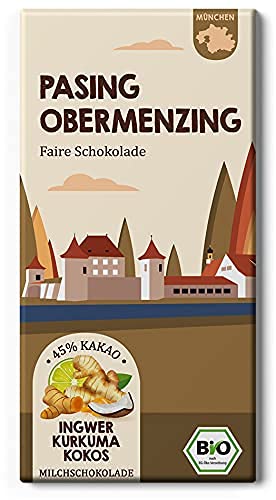 PASING OBERMENZING Fair Trade Bio Schokolade / Ingwer, Kurkuma und Kokos Tafel / Chocolatier Edelmond von Edelmond