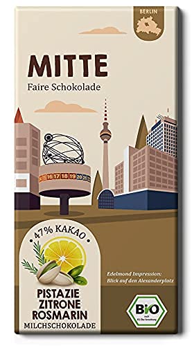 BERLIN MITTE Stadtteil Schokolade Bio/Pistazie, Zitrone und Rosmarin/Milchschokolade aus Fairtrade-Kakao. (1 Tafel, 75g) von Edelmond