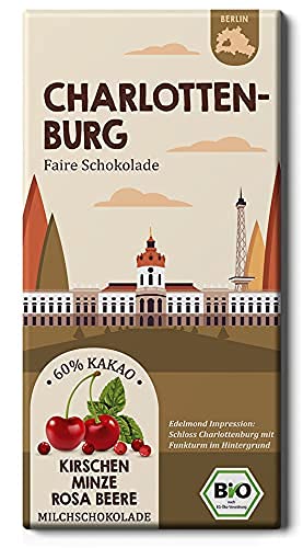 CHARLOTTENBURG Stadtteil Schokolade/Kirschen, Minze und Rosa Beere/Bio Milchschokolade aus Fairtrade-Kakao. (1 Tafel, 75g) von Edelmond