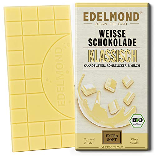 Weiße Bio Schokolade von Edelmond. Mit nur 3 Zutaten. Klassisch: Purer Geschmack, sanft im Schmelz von Edelmond