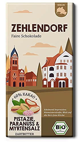 ZEHLENDORF Fair Trade Kakao Schokolade / Pistazie, Paranuss und Myrtensalz Bio / Berlin Stadtteil (1 Tafel, 80g) von Edelmond