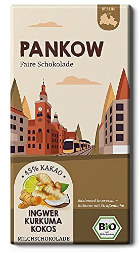 PANKOW Fair Trade Stadtteil Schokolade/Ingwer, Kurkuma und Kokos/Bio Milchschokolade aus fair gehandeltem Kakao (1 Tafel, 80g) von Edelmond