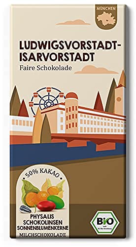 Physalis, Hefe und Schokolinsen, Bio. München Stadtteil Ludwigsvorstadt/Isarvorstad - Milchschokolade aus Fairtrade-Kakao. (1 Tafel - 80g) von Edelmond