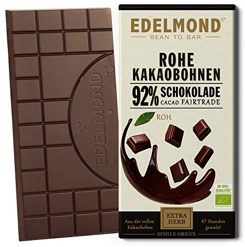 Rohe 92% Bio Schokolade Edelmond. Edel-Kakaobohnen mit wenig Kokosblüten-Nektar, absolute Fruchtopulenz! Vegan und Fair-Trade von Edelmond
