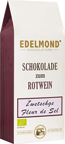 Schokolade zum Rotwein, Zwetschge und Fleur de Sel. Von Edelmond handwerklich gewalzte Kakaobohnen passend zum Wein. von Edelmond