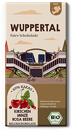 WUPPERTAL Fair Trade Stadt Schokolade / Kirschen, Minze und Rosa Beere / Bio Milchschokolade Fair gehandelter Kakao (1 Tafel, 75g) von Edelmond