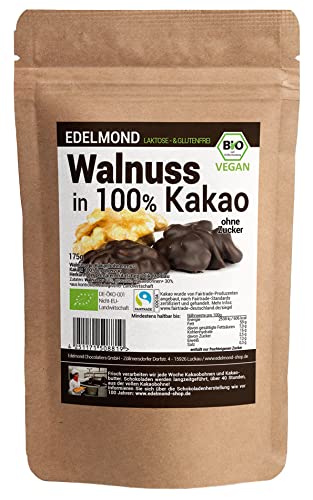 Bio Walnuss in 100% Fair Trade Kakao. Sehr bitter, ohne Zusatz von Kristallzucker 2 Zutaten. Vegan, laktosefrei, glutenfrei (175g Tüte) von Edelmond