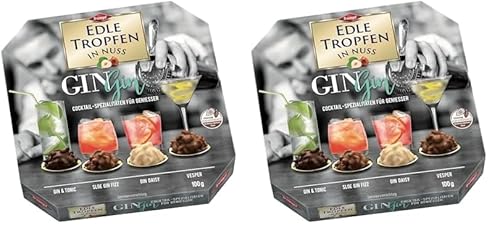 Edle Tropfen in Nuss Gin Gin 100g, flüssig gefüllte Schokoladenpralinen mit Milchschokoladen-Überzug und knackigen Haselnuss-Splittern (Packung mit 2) von EDLE TROPFEN