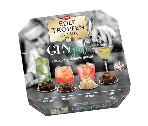 Edle Tropfen in Nuss Gin Gin 100g, flüssig gefüllte Schokoladenpralinen mit Milchschokoladen-Überzug und knackigen Haselnuss-Splittern von EDLE TROPFEN