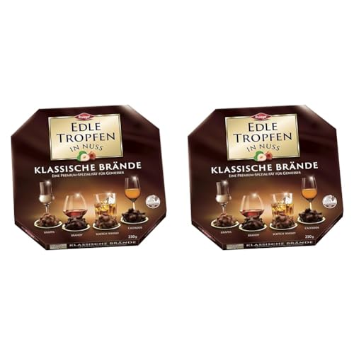 Edle Tropfen in Nuss Klassische Brände 250g, flüssig gefüllte Schokoladenpralinen mit Milchschokoladen-Überzug und knackigen Haselnuss-Splittern (Packung mit 2) von EDLE TROPFEN