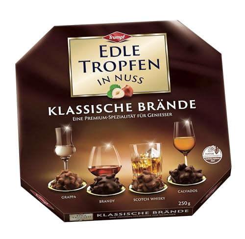Edle Tropfen in Nuss Klassische Brände 250g, flüssig gefüllte Schokoladenpralinen mit Milchschokoladen-Überzug und knackigen Haselnuss-Splittern von EDLE TROPFEN