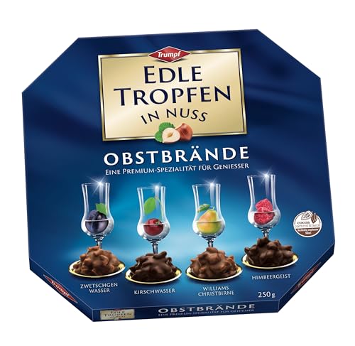 Edle Tropfen in Nuss Obstbrände 250g, flüssig gefüllte Schokoladenpralinen mit Milchschokoladen-Überzug und knackigen Haselnuss-Splittern Edle Tropfen in Nuss Obstbrände 250g, flüssig gefüllte Schokoladenpralinen mit Milchschokoladen-Überzug und knackigen Haselnuss-Splittern von EDLE TROPFEN