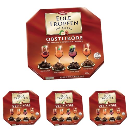 Edle Tropfen in Nuss Obstliköre 250g, flüssig gefüllte Schokoladenpralinen mit Milchschokoladen-Überzug und knackigen Haselnuss-Splittern (Packung mit 4) von EDLE TROPFEN