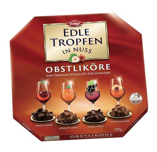 Edle Tropfen in Nuss Obstliköre 250g, flüssig gefüllte Schokoladenpralinen mit Milchschokoladen-Überzug und knackigen Haselnuss-Splittern von EDLE TROPFEN