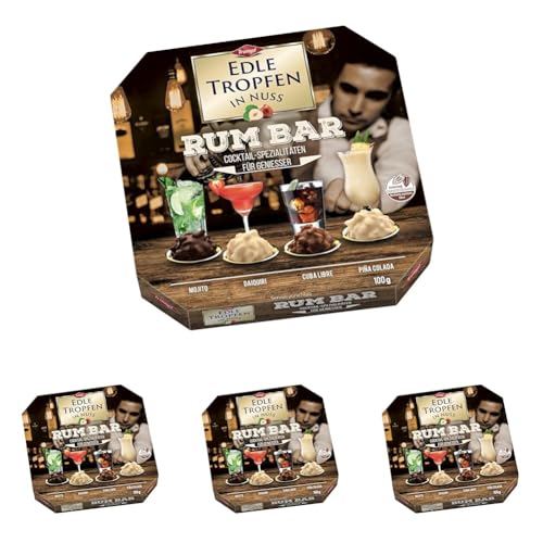 Edle Tropfen in Nuss Rum Bar 100g, flüssig gefüllte Schokoladenpralinen mit Milchschokoladen-Überzug und knackigen Haselnuss-Splittern (Packung mit 4) von EDLE TROPFEN
