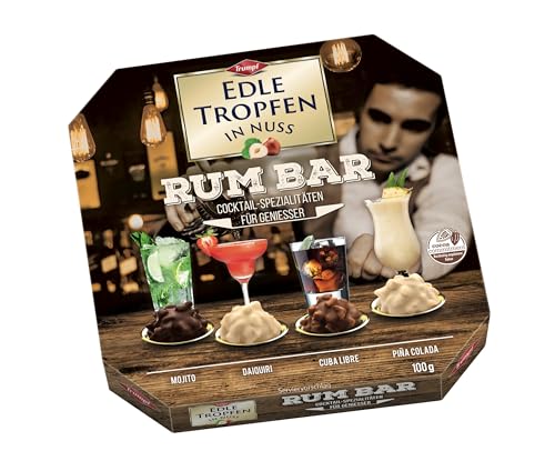 Edle Tropfen in Nuss Rum Bar 100g, flüssig gefüllte Schokoladenpralinen mit Milchschokoladen-Überzug und knackigen Haselnuss-Splittern von EDLE TROPFEN