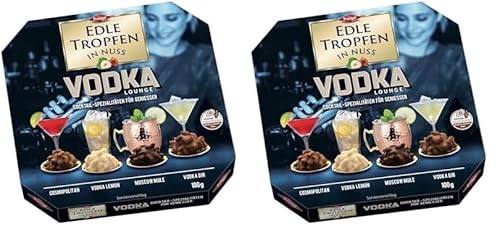 Edle Tropfen in Nuss Vodka Lounge 100g, flüssig gefüllte Schokoladenpralinen mit Milchschokoladen-Überzug und knackigen Haselnuss-Splittern (Packung mit 2) von EDLE TROPFEN