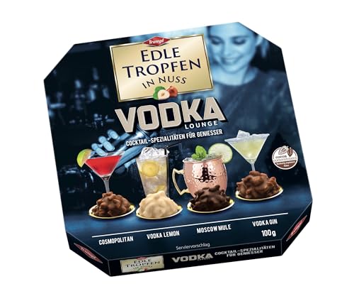 Edle Tropfen in Nuss Vodka Lounge 100g, flüssig gefüllte Schokoladenpralinen mit Milchschokoladen-Überzug und knackigen Haselnuss-Splittern von Edle Tropfen in Nuss