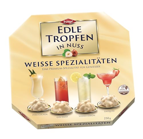 Edle Tropfen in Nuss Weiße Spezialitäten 250g, flüssig gefüllte Schokoladenpralinen mit Milchschokoladen-Überzug und knackigen Haselnuss-Splittern von EDLE TROPFEN