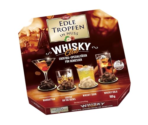 Edle Tropfen in Nuss Whisky Club 100g, flüssig gefüllte Schokoladenpralinen mit Milchschokoladen-Überzug und knackigen Haselnuss-Splittern Edle Tropfen in Nuss Whisky Club 100g, flüssig gefüllte Schokoladenpralinen mit Milchschokoladen-Überzug und knackigen Haselnuss-Splittern von EDLE TROPFEN