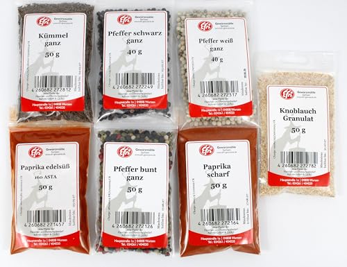 Efri - Gewürz-Set (7-teilig) – Hochwertige Gewürze für jeden Anlass: Paprika edelsüß, Paprika scharf, Pfeffer schwarz ganz, Pfeffer bunt, Pfeffer weiß ganz, Knoblauch granuliert und Kümmel von Efri
