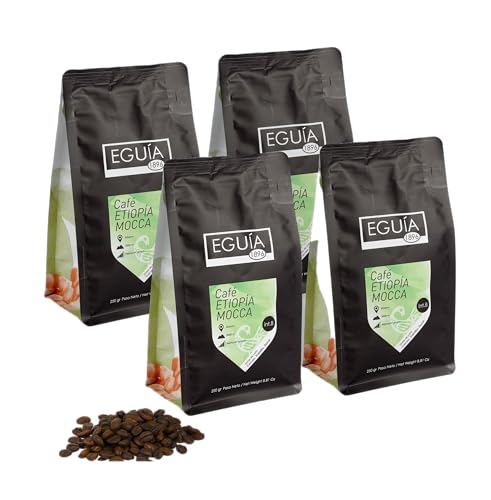 Eguia natürliche Kaffeebohnen Packung mit 4 × 250 g - Nicht bittere & mittel geröstete Arabica-Kaffeebohnen aus Äthiopien von Eguia