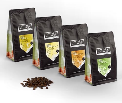 Eguia crema kaffeebohnen probierset Packung mit 4× 250g-Nicht bitteres & mittel geröstetes Arabica-Kaffeekorn von 4 Herkunftsländern Äthiopien Kolumbien Guatemala & Brasilien Espresso Bohnen von Eguia