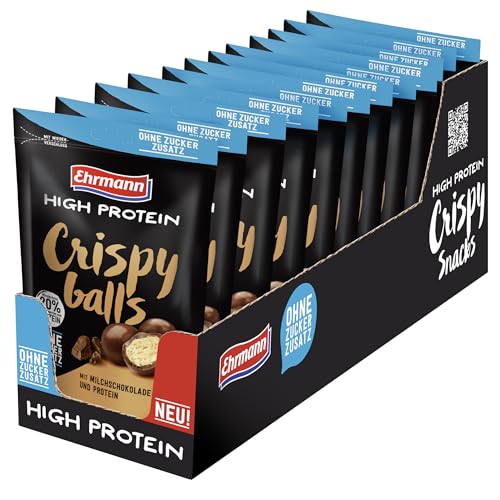 Ehrmann High Protein Crispy Balls ohne Zuckerzusatz, Milchschokolade - Leckere Getreide-Kugeln mit Fairtrade-Kakao, 12 x 55g von Ehrmann