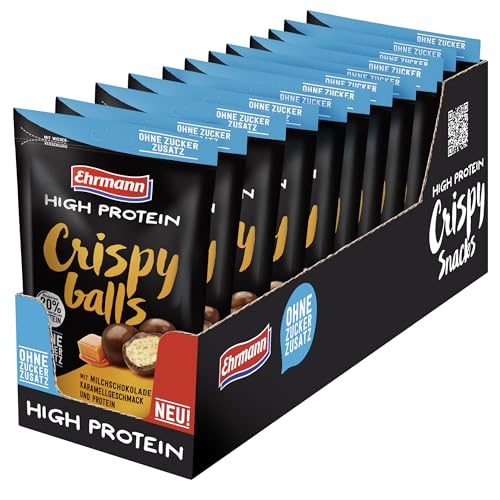 Ehrmann High Protein Crispy Balls ohne Zuckerzusatz, Milchschokolade Typ Karamell - Leckere Getreide-Kugeln mit Fairtrade-Kakao, 12 x 55g von Ehrmann