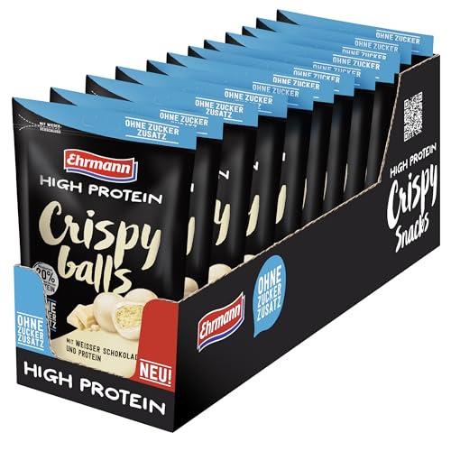 Ehrmann High Protein Crispy Balls ohne Zuckerzusatz, weiße Schokolade - Leckere Getreide-Kugeln mit Fairtrade-Kakao, 12 x 55g von Ehrmann