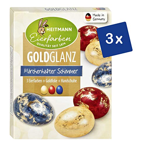 Heitmann Eierfarben Goldglanz - 3er Pack - 3 flüssige Kaltfarben, 4 Dekorfolien - Ostern - Ostereier bemalen, Ostereierfarbe von Heitmann Eierfarben