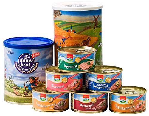 Eifeler Fleisch und Wurstwaren / dauerbrot 1-Person-Reserve: Brot + Wurst, rd. 1,75 kg, 2 x 500g Dosenbrot, 6 x 125g Dosenwurst Eifeler Fleisch und Wurstwaren / dauerbrot 1-Person-Reserve: Brot + Wurst, rd. 1,75 kg, 2 x 500g Dosenbrot, 6 x 125g Dosenwurst von flysclean