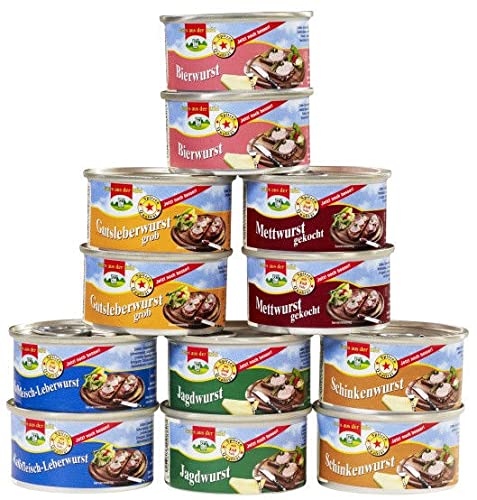 12 Dosen a 125g Dosenwurst, 6 Sorten je 2 Dosen, insgesamt 1,5 kg , Lebensmittelvorrat Konserven, Kräuter, Alkoholfrei von YESMOO