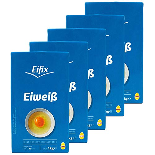 Eifix - 5er Pack Eiweiß flüssig hergestellt aus ca. 30 Eiern 1 kg Packung - Eipro flüssiges Eiklar Eiweiss ohne Konservierungsstoffe ideal zum Kochen und Backen (pasteurisiert Egg White) von Eifix