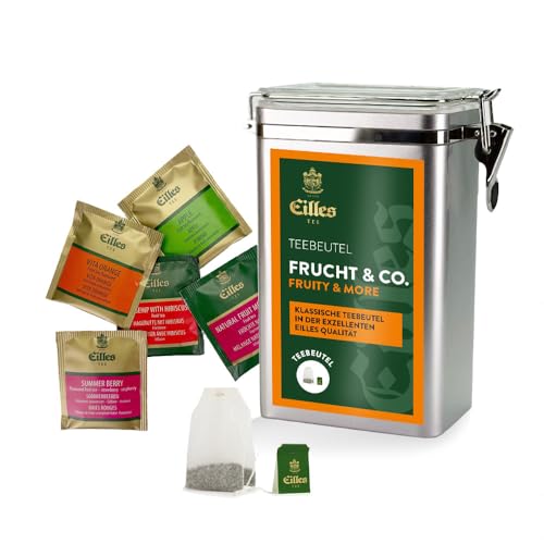 FRUCHT & CO. TEE Premium Aromadose mit 5 Sorten EILLES Deluxe Teebeutel, 30 Portionen gesamt, wiederverschließbare Dose mit Crystal-Deckel von Eilles