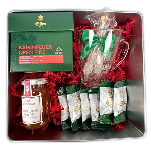 KAMINFEUER Geschenkdose mit würzigem Tee, feinem Shortbread, Teeglas, Honig und Kandis von Eilles