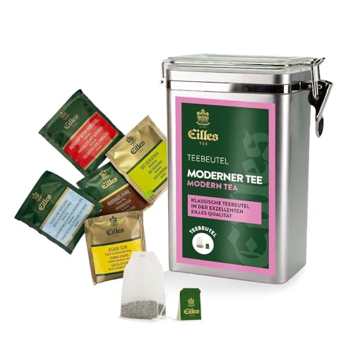 MODERN TEE Premium Aromadose mit 5 Sorten EILLES Deluxe Teebeutel, 30 Portionen gesamt, wiederverschließbare Dose mit Crystal-Deckel von Eilles