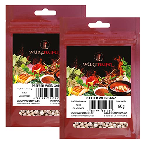 Pfeffer weiß, ganzes Korn. Pfeffer weiss ganz. Handverlesener keimreduzierter weißer Pfeffer aus Indonesien. 2 Beutel je 60g (120g) von Yubaoly